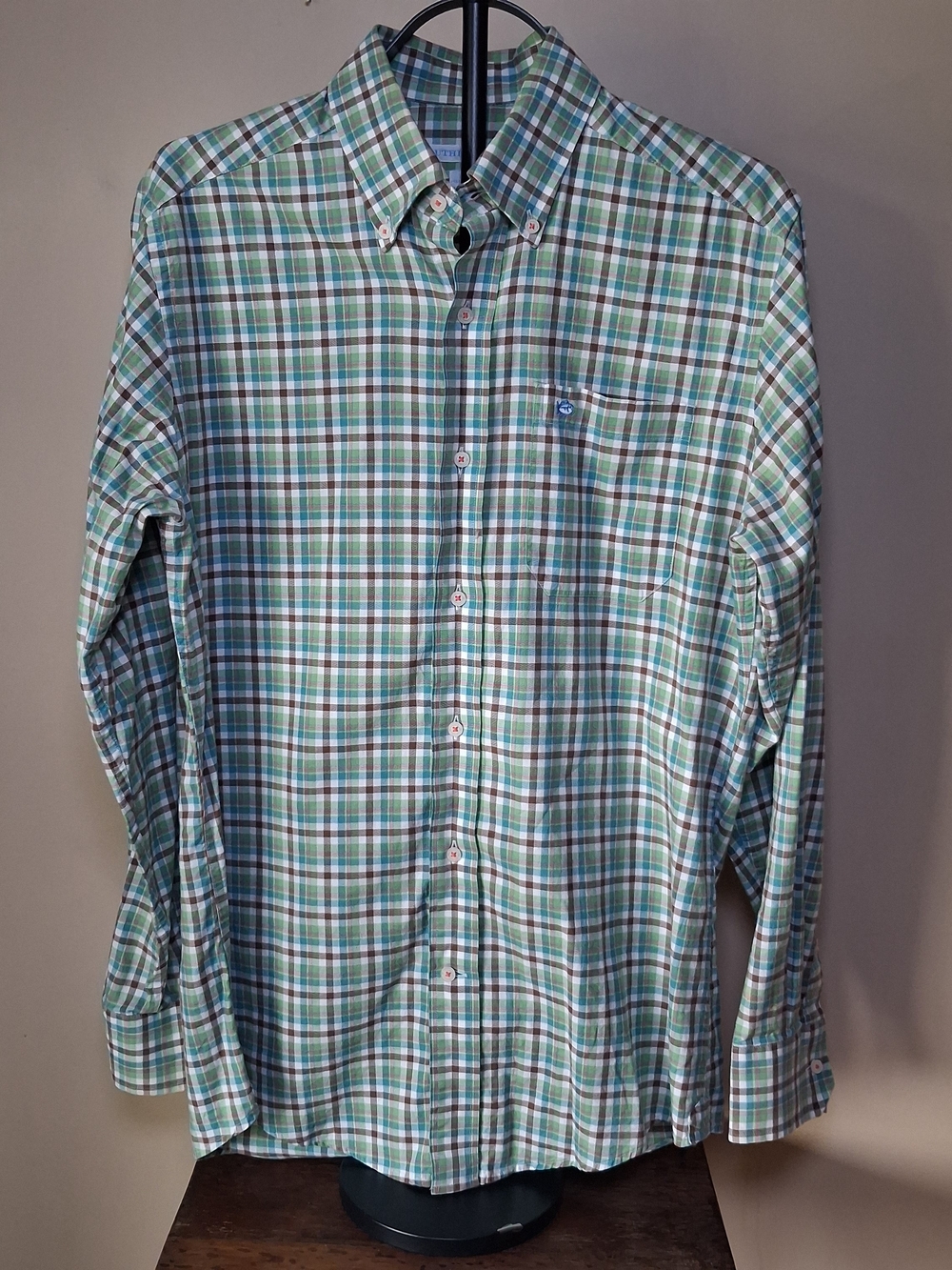 Southern Tide Men's Classic Fit Green, Blue, Brown Plaid Button-Up Shirt; Size S